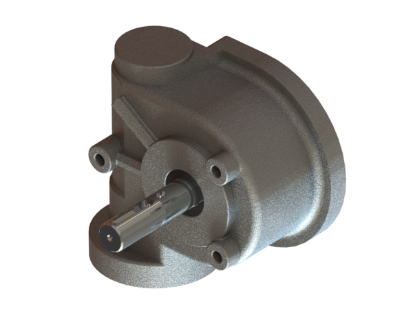 Gray metal mechanical housing with a protruding shaft and mounting holes on a white background