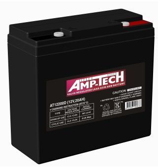 Black Amp-Tech 12V automotive battery with red and white terminals on a white background