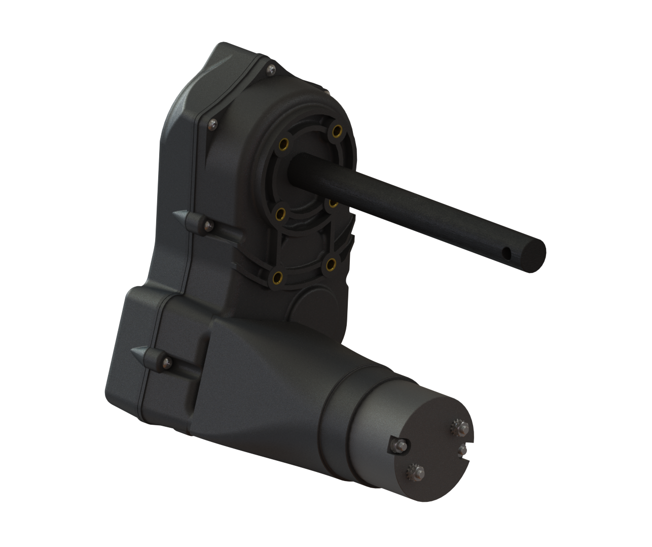 Black industrial gearbox motor with a long protruding shaft on a white background
