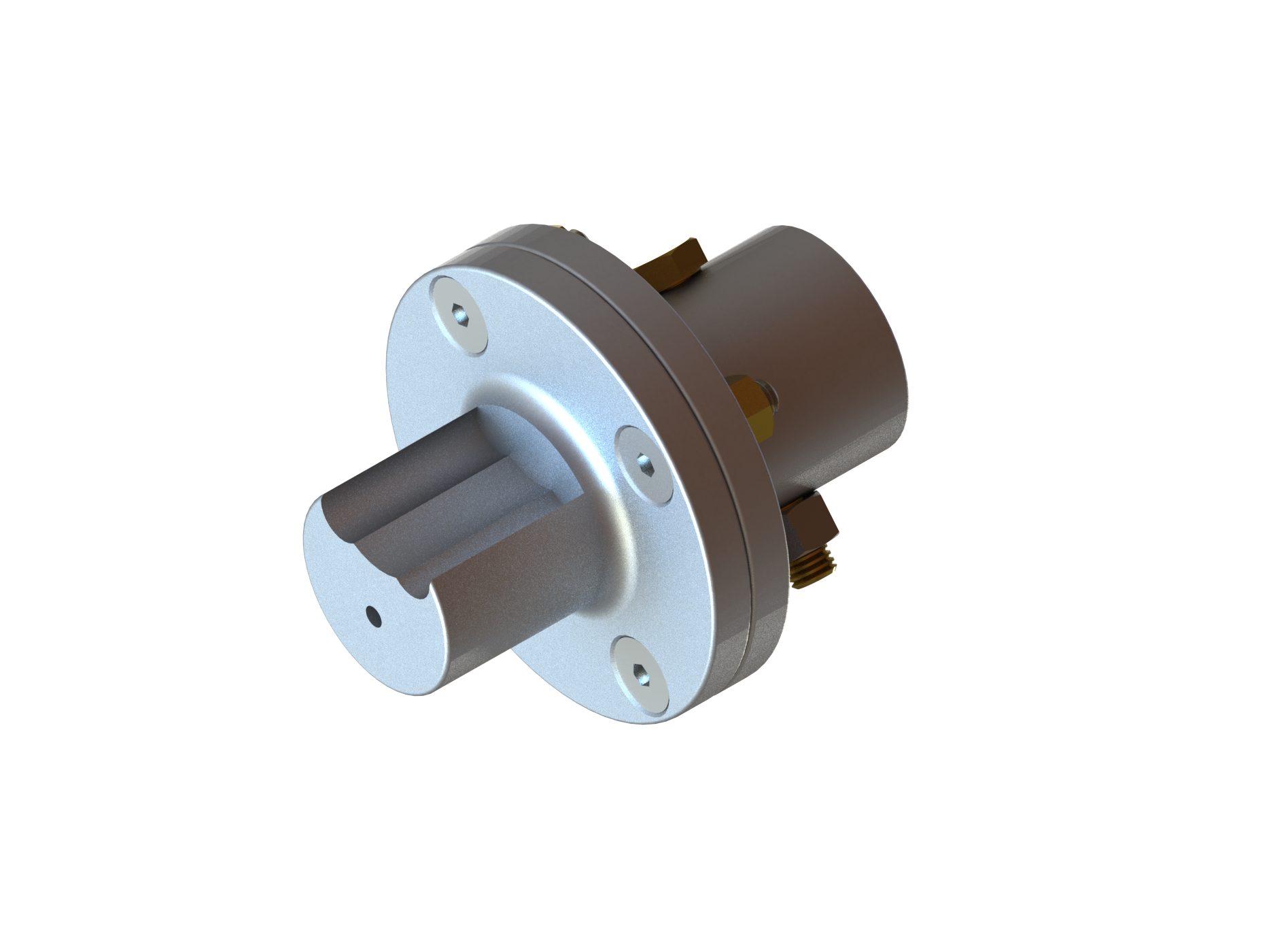 Metal shaft coupling with a silver flange and dark brown cylindrical housing on a white background