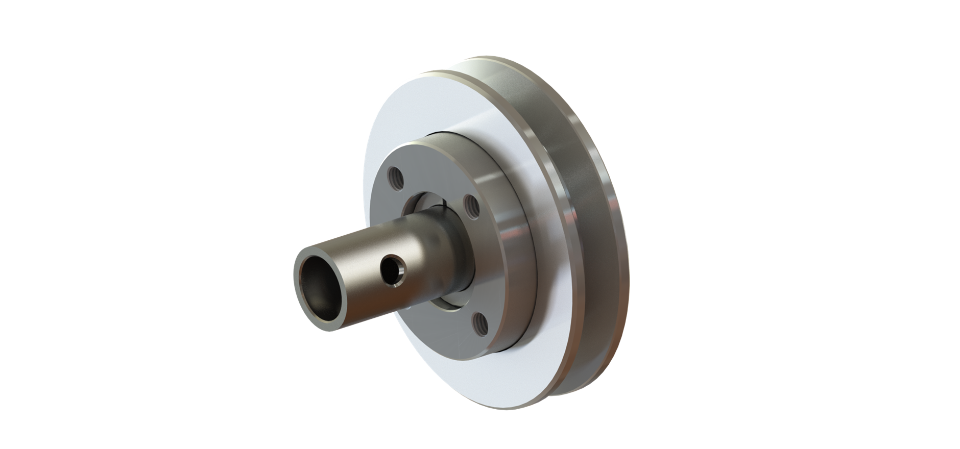 Metal mechanical shaft with a circular silver flange on a white background