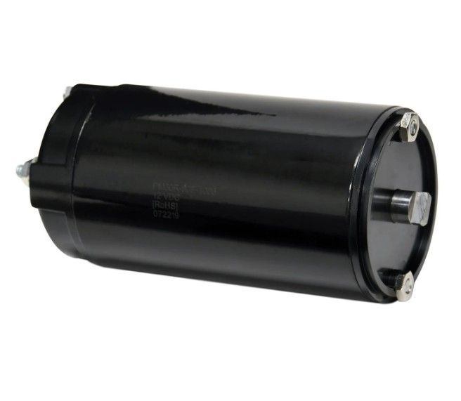 Black cylindrical electric motor with metal shaft and mounting bolts on one end