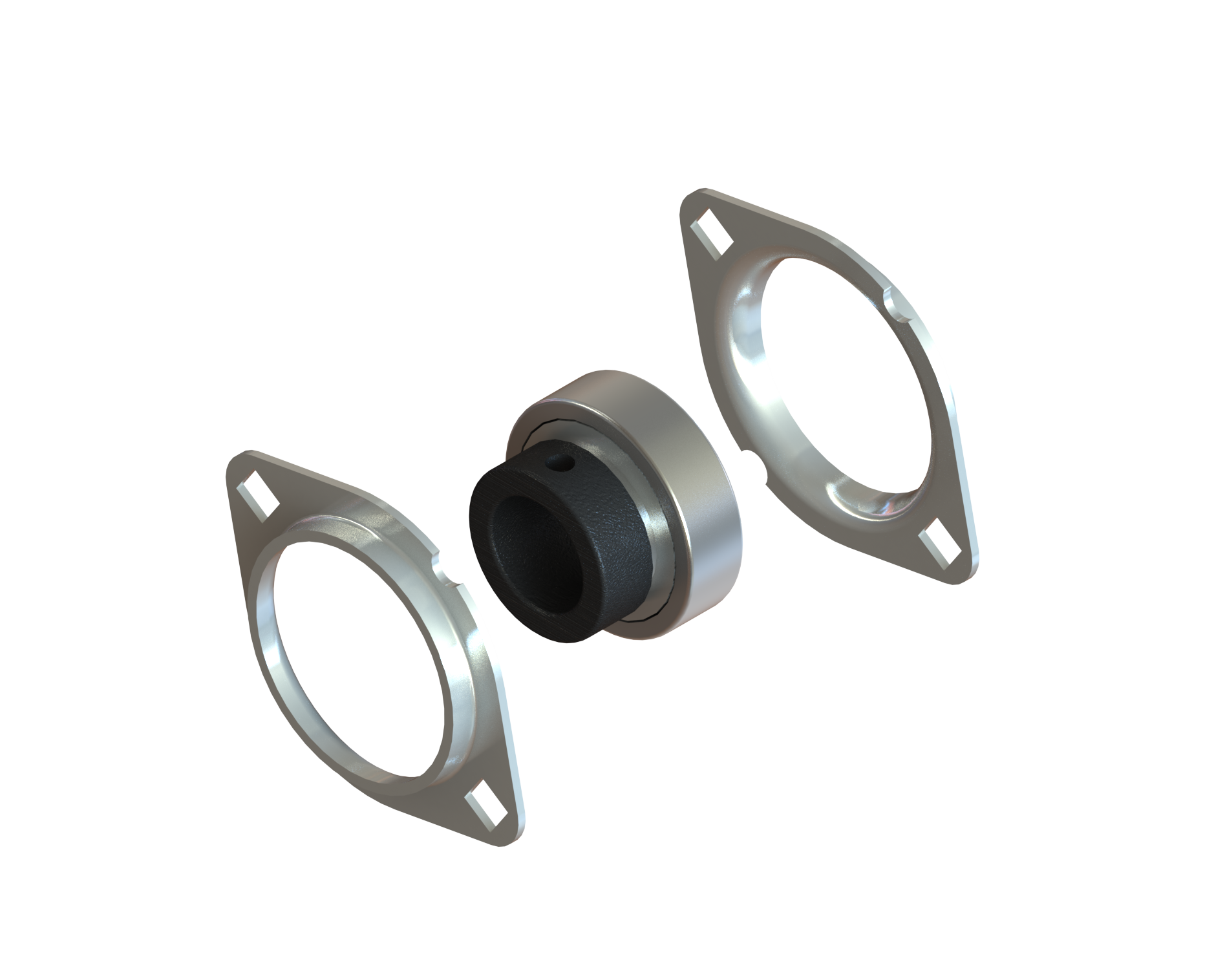 Metal pipe flange adapter with two silver flanges and a black rubber coupling on a white background