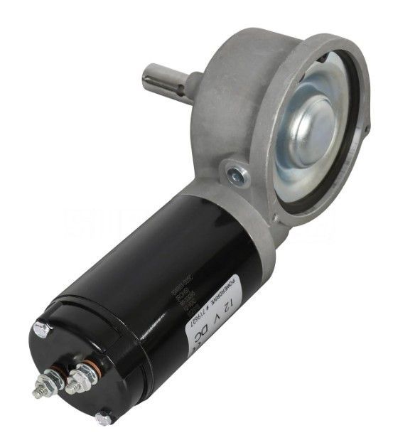 Black cylindrical electric motor attached to a gray metal pump housing with a silver circular face