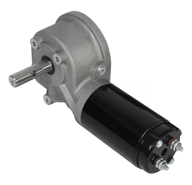 Compact black electric gear motor with silver gearbox and protruding shaft