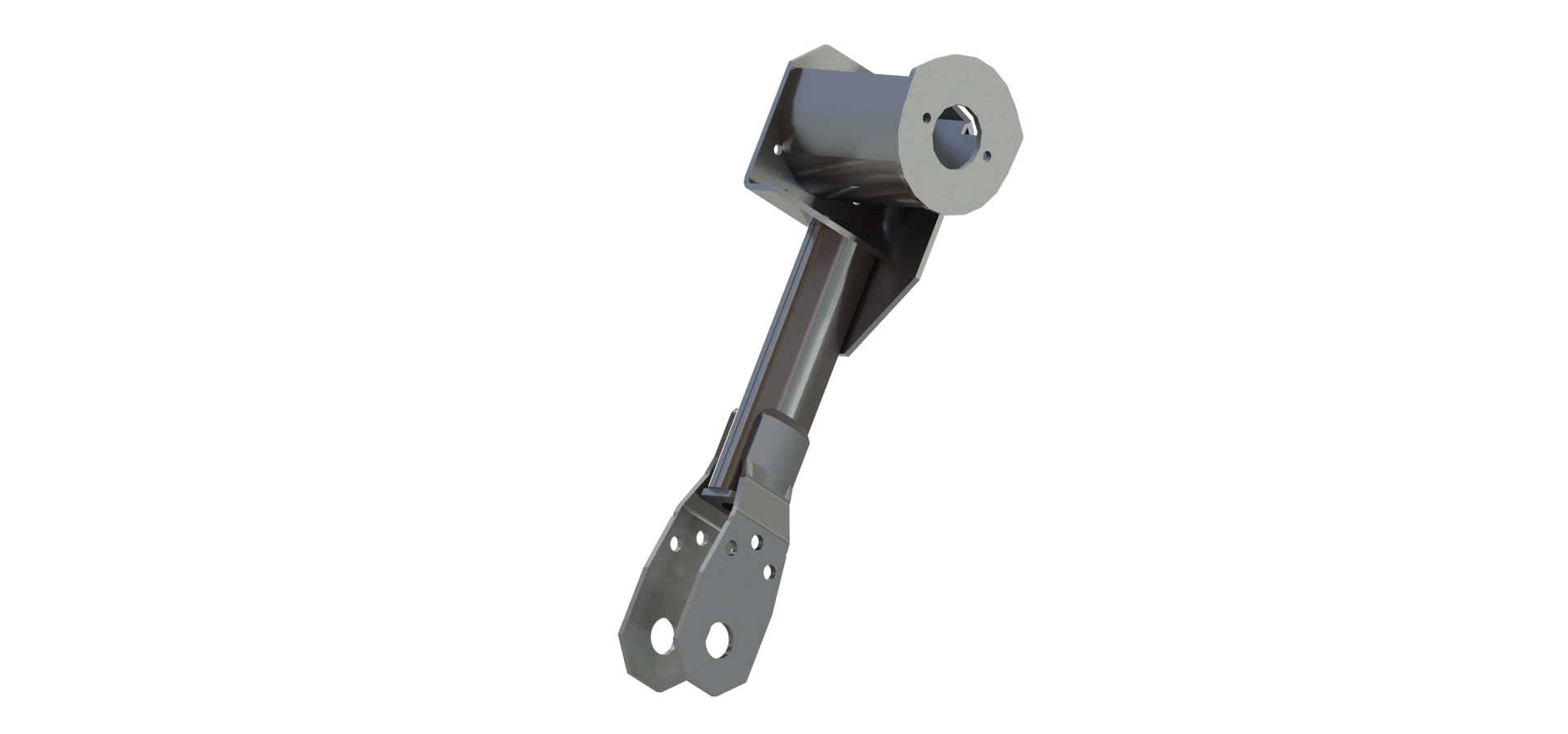 Black mechanical bracket with a circular roller on one end, isolated on a white background