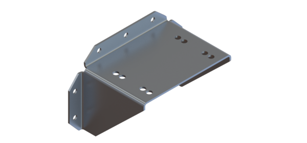 Gray metal mounting bracket with angled sides and multiple holes for fasteners