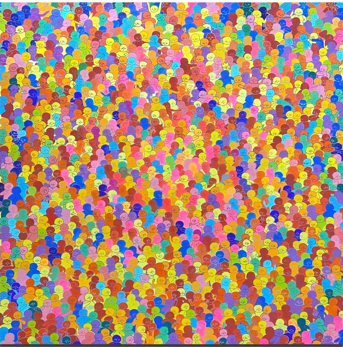 Painting by Japanese artist Cute Fukuda. It depicts numerous characters with diverse attitudes against each other. This highly colorful work is part of a series dedicated to human relationships and interactions, a theme dear to the artist.