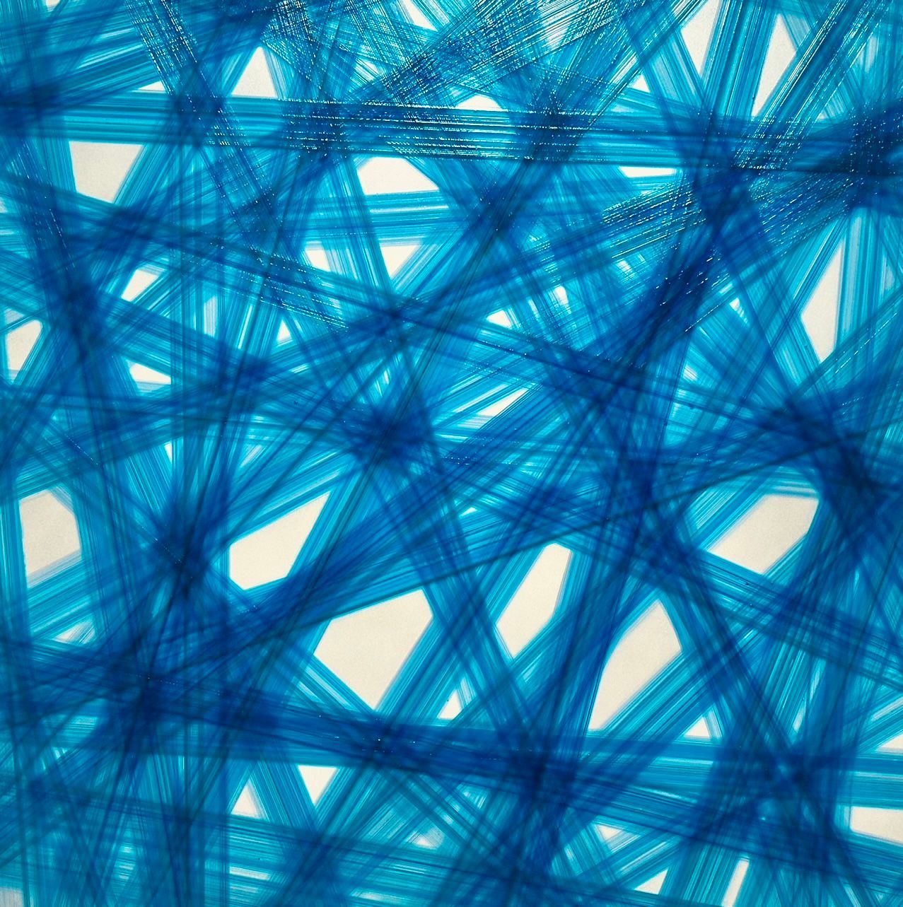 Abstract painting by Japanese artist Koga Miura. A highly graphic work featuring lines of various shades of blue that intersect on a slightly silvered white background. This piece is exhibited in the 'Follow the Lines!' exhibition.