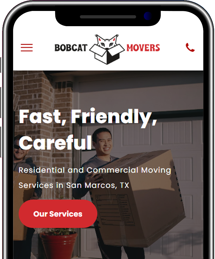 A phone screen shows a website for bobcat movers