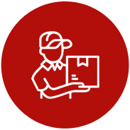 A delivery man is holding a box in his hands in a red circle.