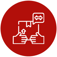 A red circle with two hands holding a box and a speech bubble.