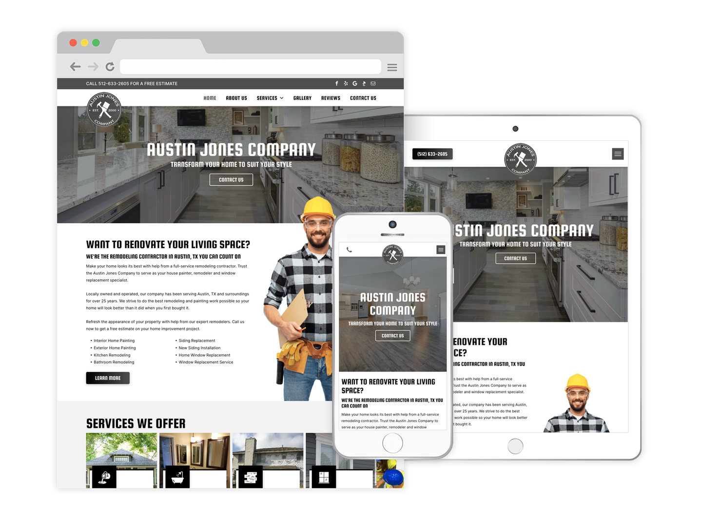 A construction company website is displayed on a computer , tablet , and phone.