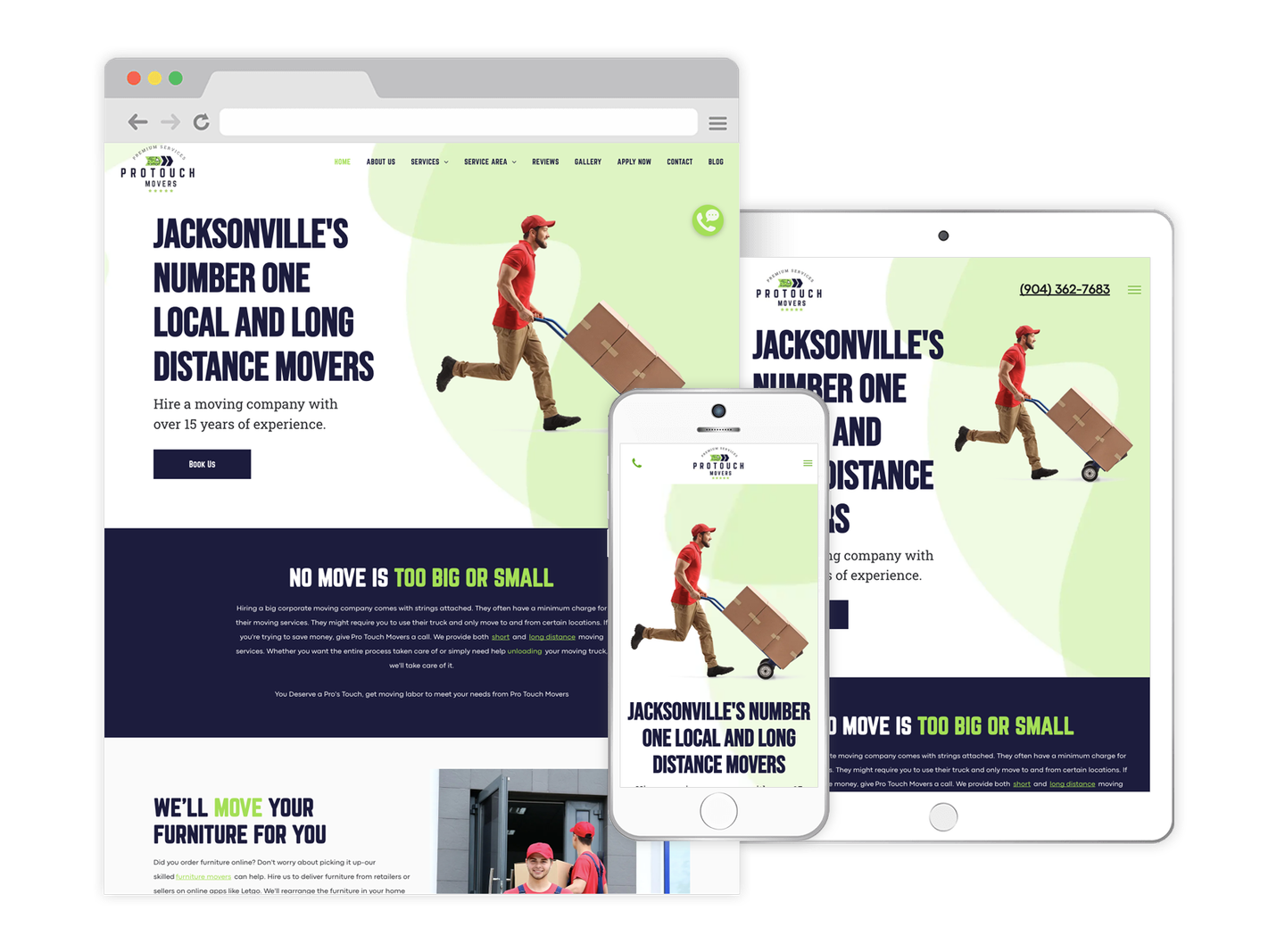A jacksonville 's number one local and long distance movers website is displayed on a computer , tablet , and phone.