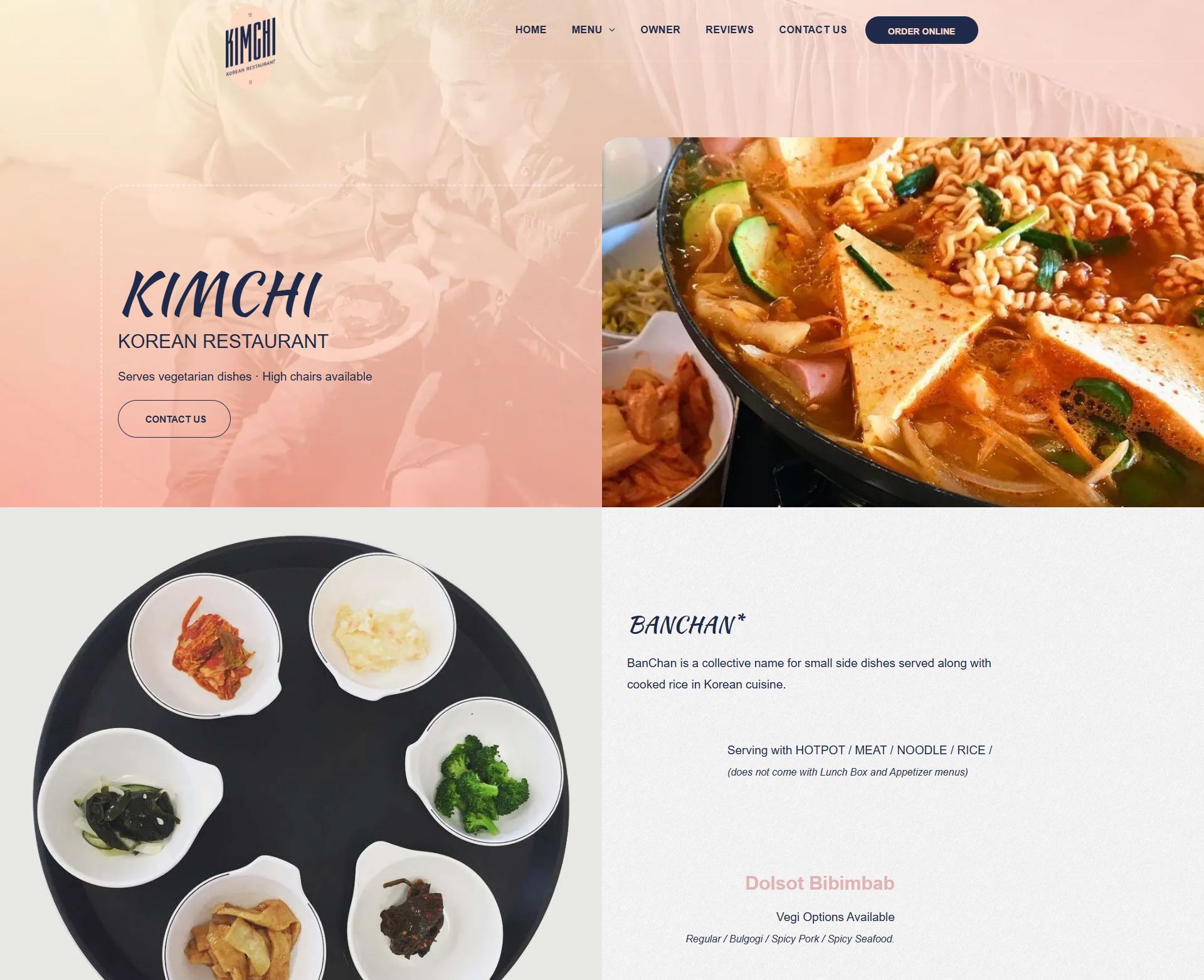 A screenshot of a website for a restaurant called kimchi