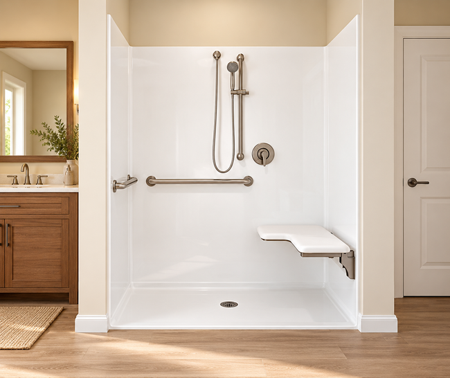 Accessible bathroom shower with grab bars, fold-down seat, and white tiled walls