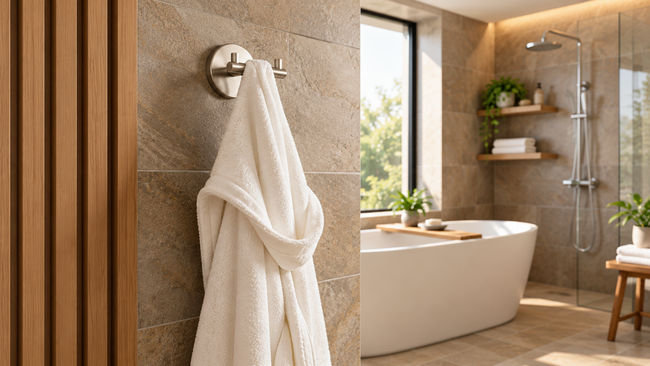 Modern beige bathroom with a freestanding tub, shower, towel hook, and potted plant.