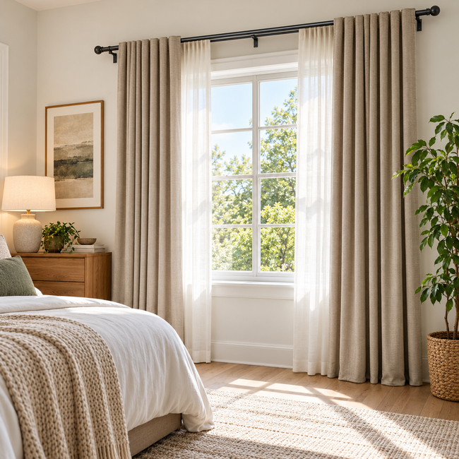 Cozy bedroom with beige curtains, sunlit window, white bedding, wooden dresser, and potted plant