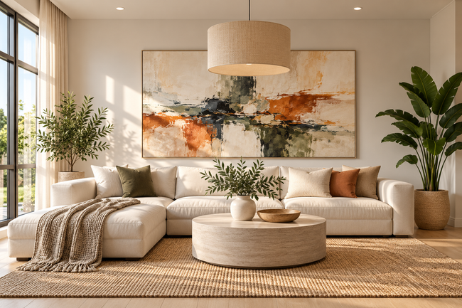 Bright modern living room with beige sectional, round ottoman, abstract wall art, and plants by large windows