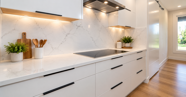 Modern white kitchen with marble backsplash, wood flooring, and built-in stove under stainless steel range hoods