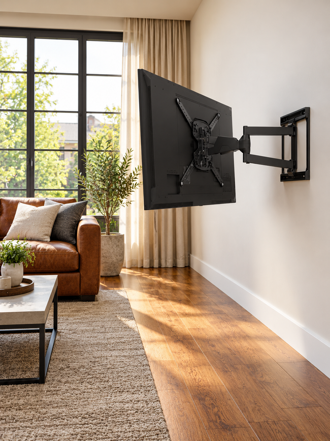 Wall-mounted TV in a bright living room with a sofa, rug, and large window.