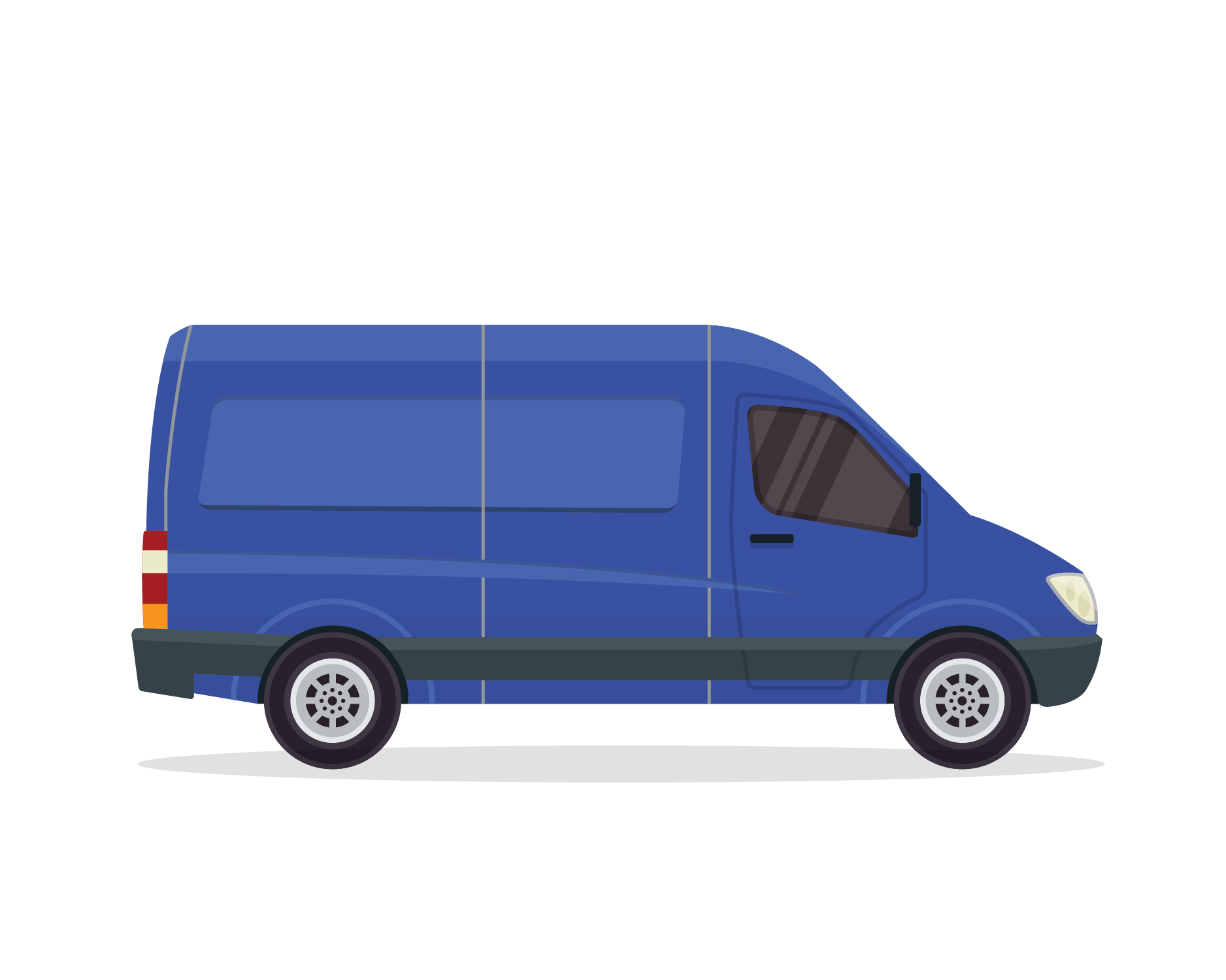Camionnette de livraison bleue, vue latérale.