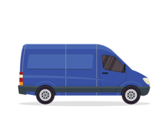 Camionnette de livraison bleue, vue latérale.