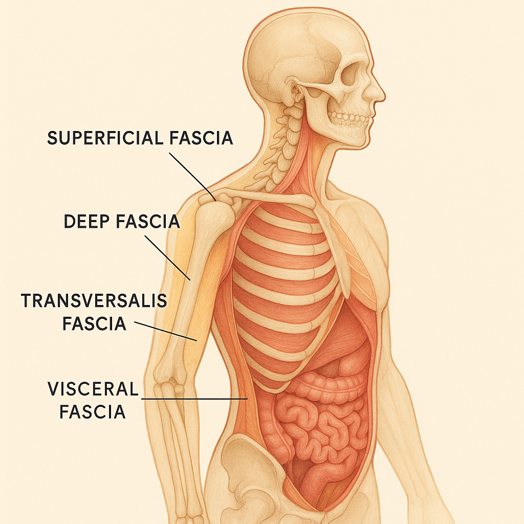 Human anatomy diagram showing layers of fascia labeled superficial, deep, transversalis, and visceral.