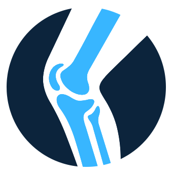 Stylized blue knee joint icon on a dark navy circle background
