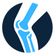 Stylized blue knee joint icon on a dark navy circle background
