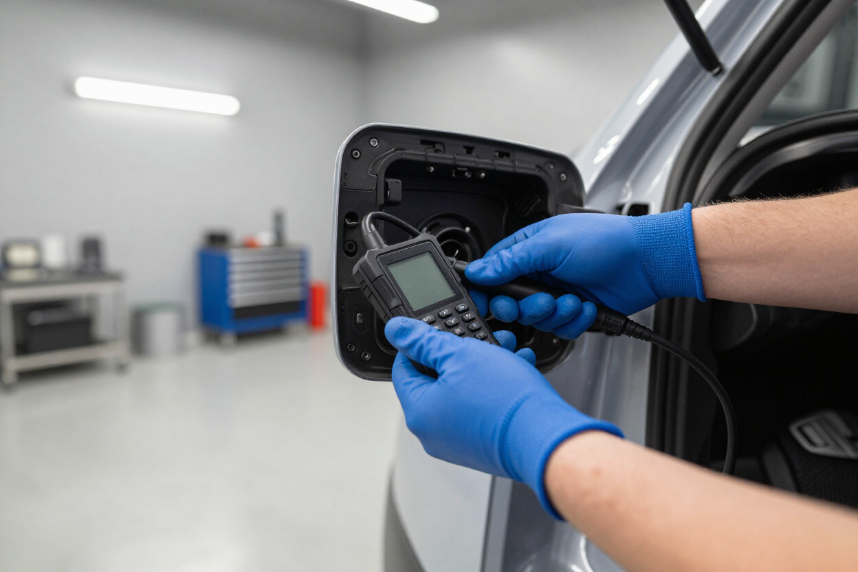 Technician connecting OBD-II diagnostic scanner in service bay