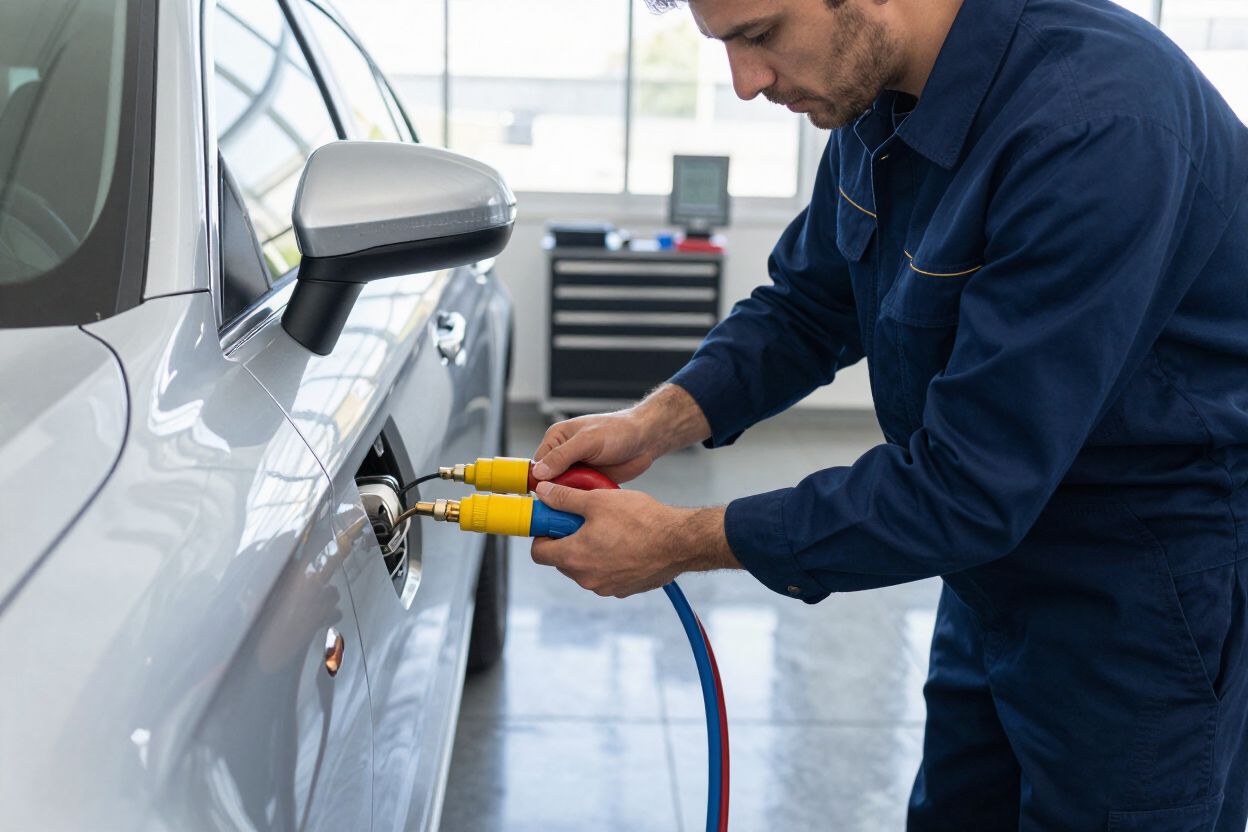 Technician servicing vehicle AC system in service bay