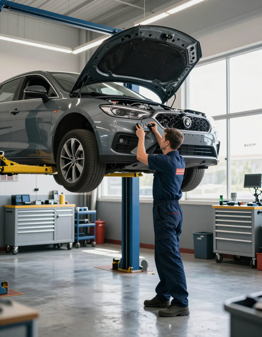 Technician performing engine inspection under raised hood in service bay