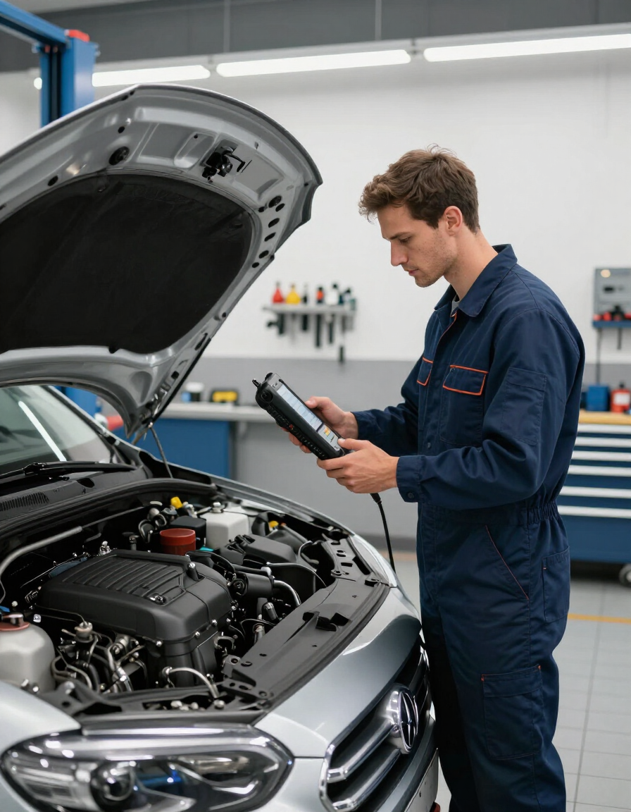 Technician performing engine diagnostics in service bay