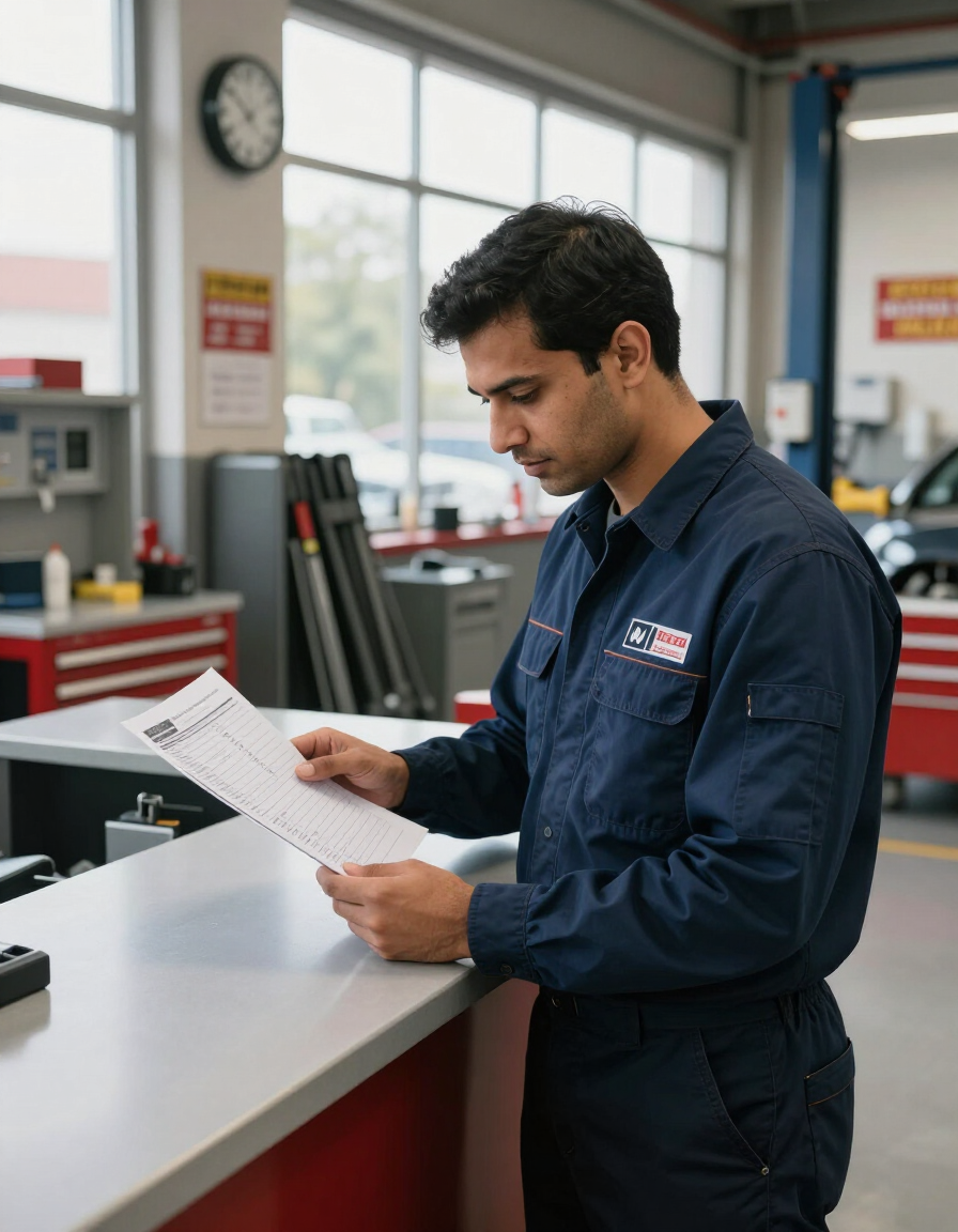 Technician reviewing vehicle inspection sheet at service counter