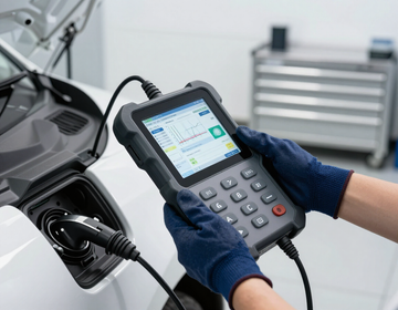 Gloved hands using a diagnostic tablet to charge an electric vehicle in a garage