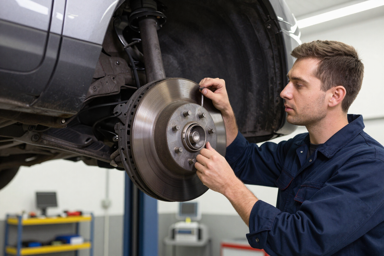Technician inspecting brake rotor in service bay