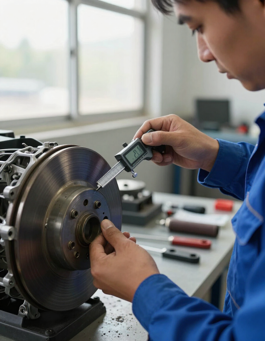 Technician measuring brake rotor thickness with digital micrometer