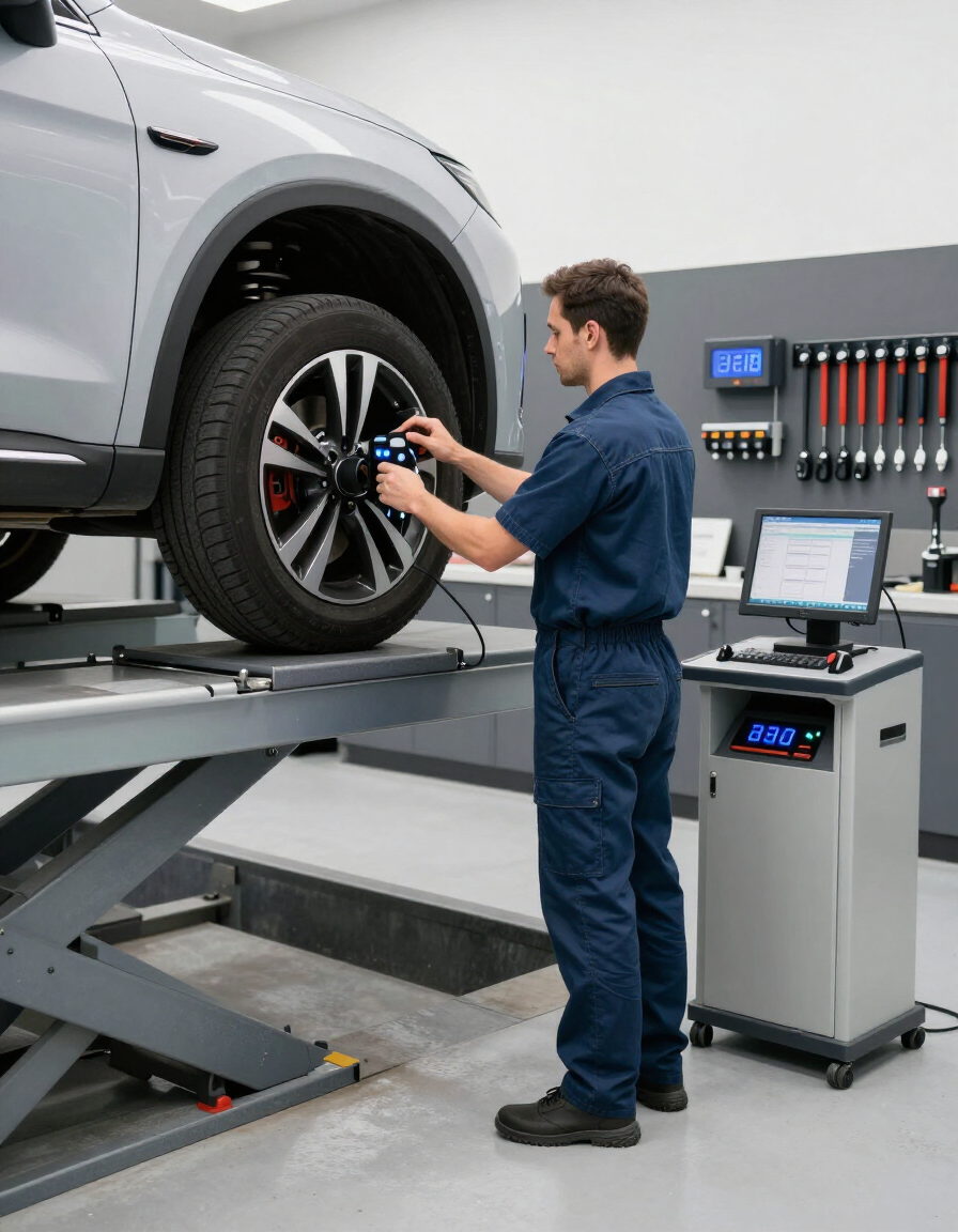 Technician performing computerized wheel alignment