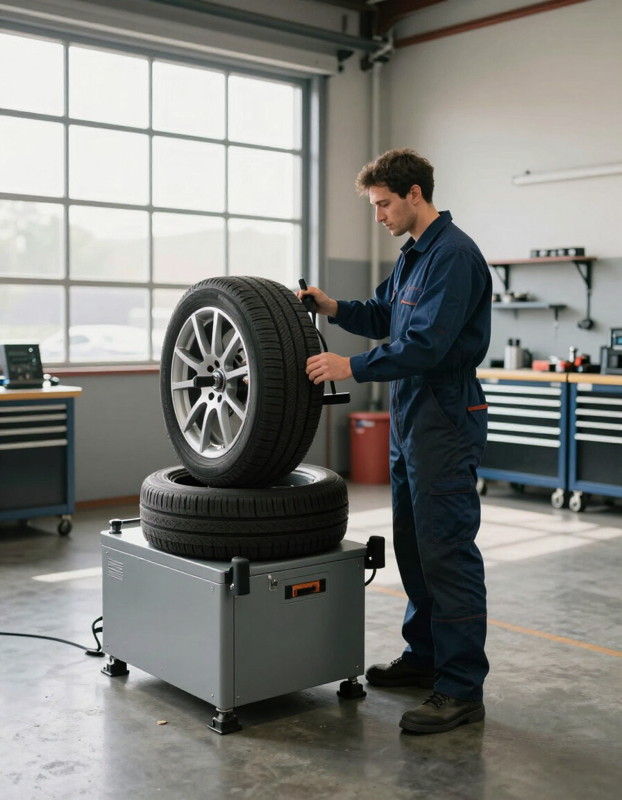 Technician operating tire balancing machine in clean shop bay