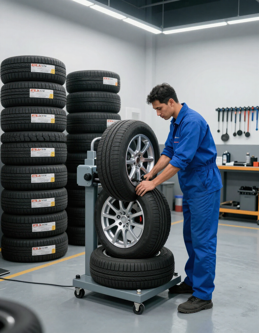 Tire bay with brand-name tires and technician at work