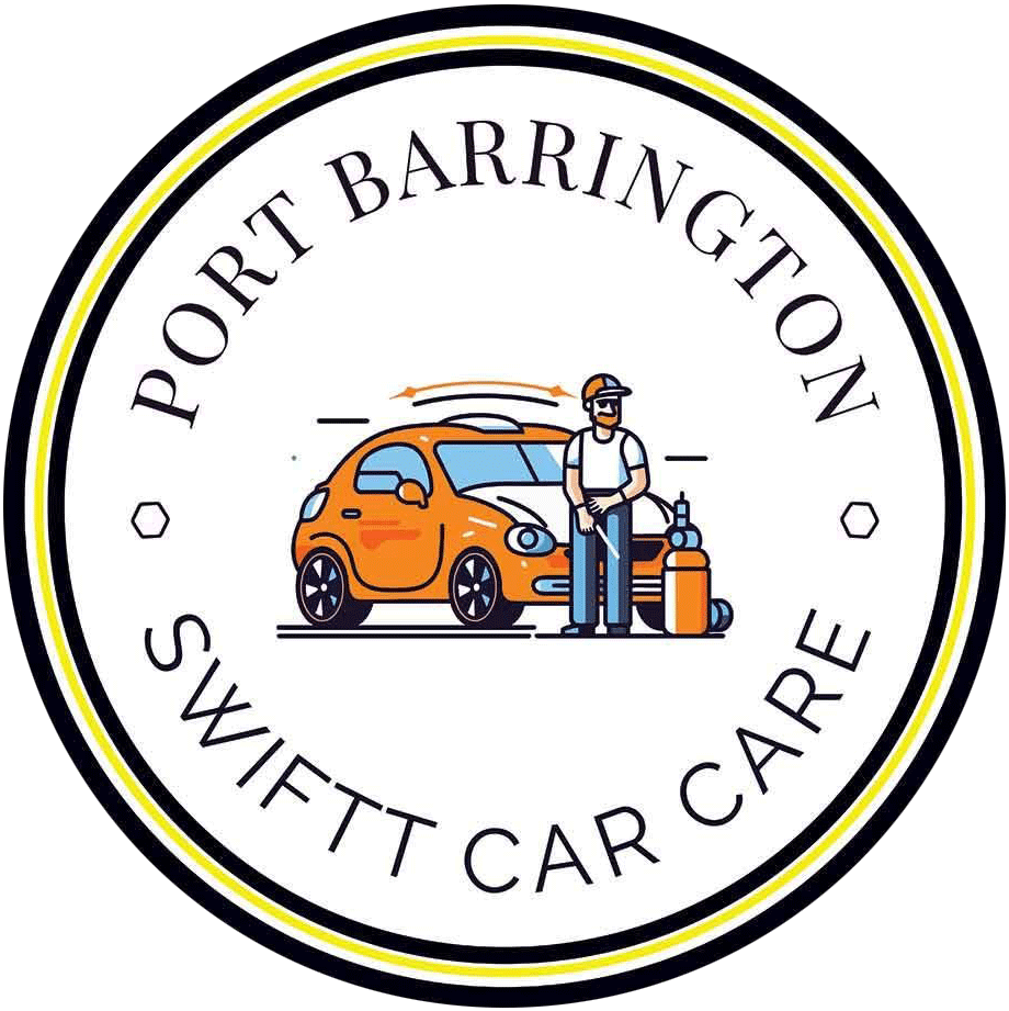 Port Barrington Swift Car Care logo with orange car, mechanic, and tire on a white circle border