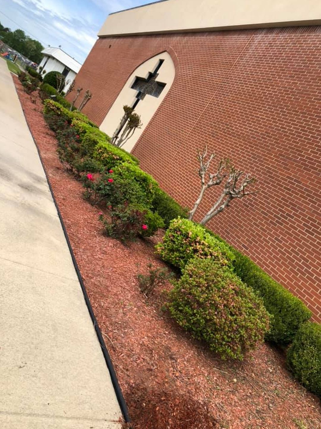 Red brick building exterior with a cross emblem, a sidewalk, and a landscaped garden bed with shrubs and red mulch.