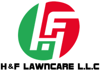 Logo for H&F Lawncare L.L.C featuring a stylized white 