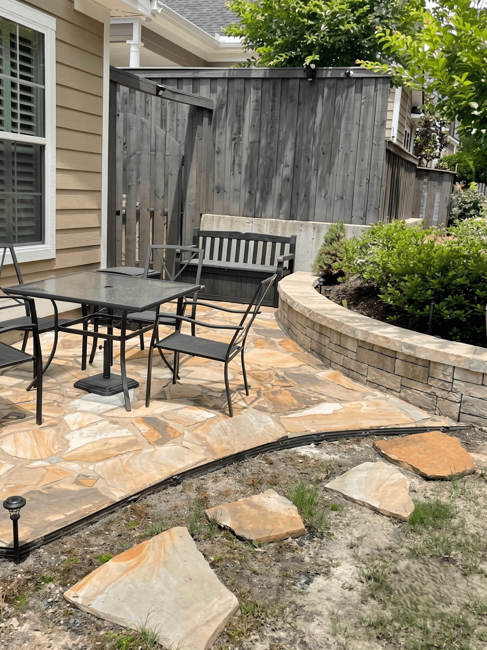 A backyard stone patio featuring a dining set with four chairs, a wooden bench, and a curved retaining wall.