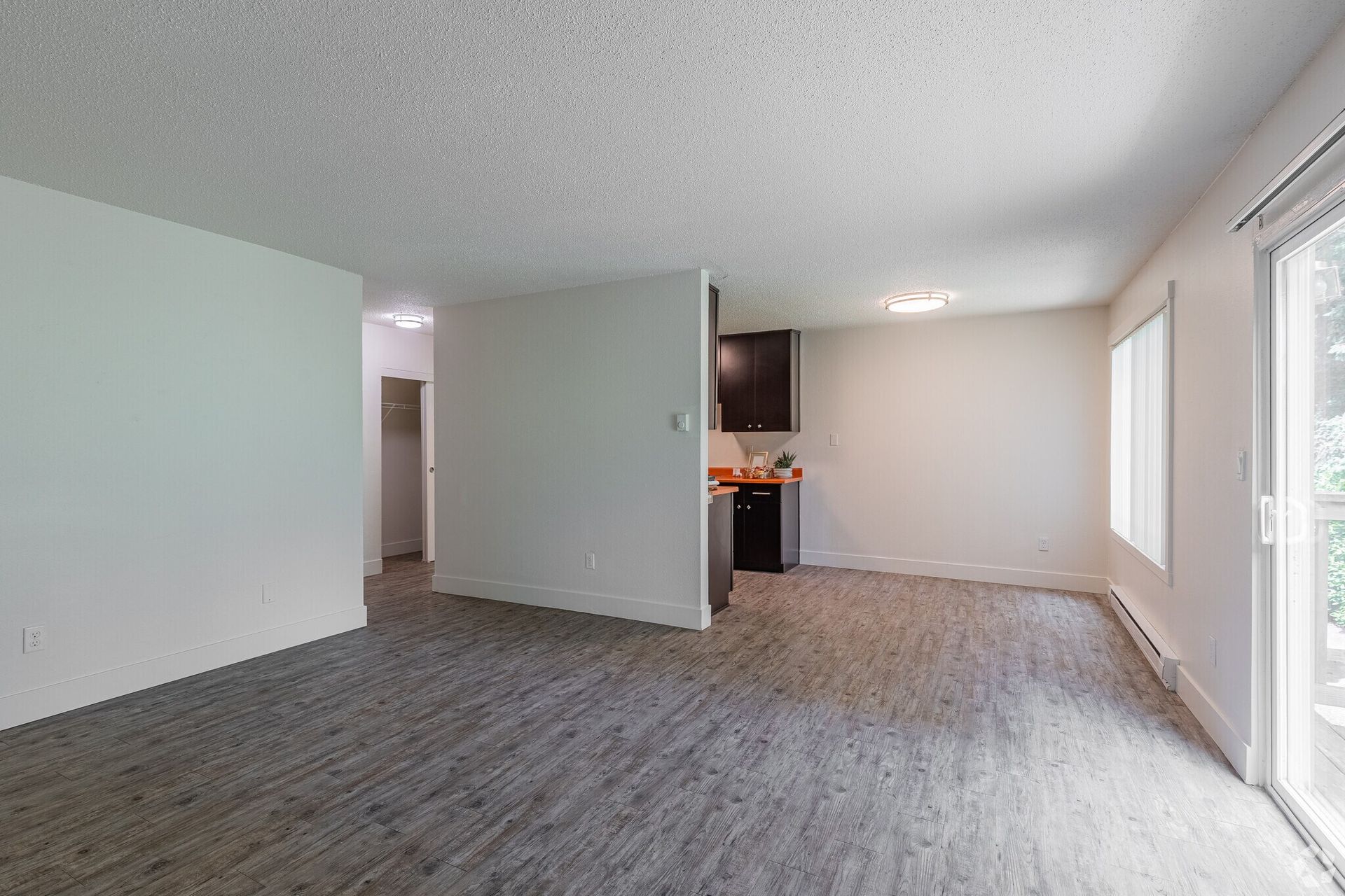 Empty living room with gray carpet, light walls, and a view into the kitchen.