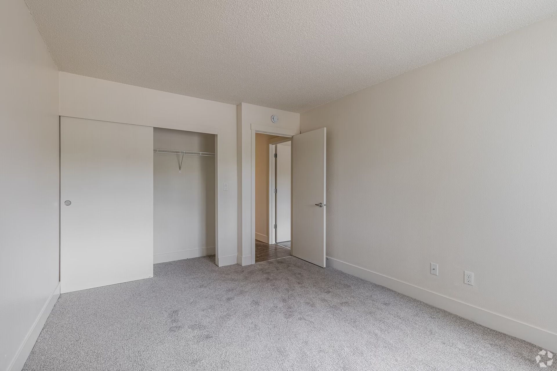 Empty beige bedroom with carpet, open closet, and mirrored closet door near a white door.