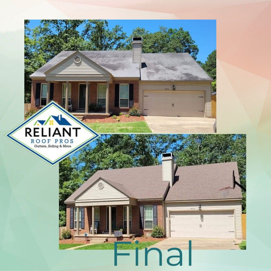 A picture of a house before and after roofing by reliant roof pros