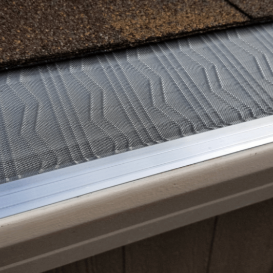 Close-up of a window or door screen with a white frame and beige siding below.