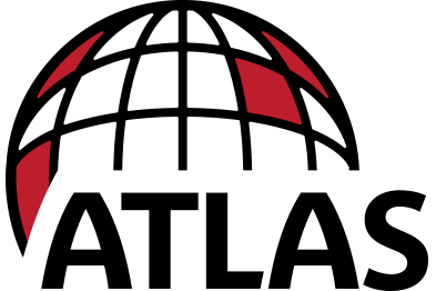 A logo for atlas with a globe in the middle